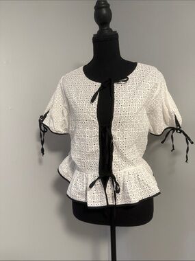Julia White Eyelet Peplum Tie-Front Blouse with Black Trim